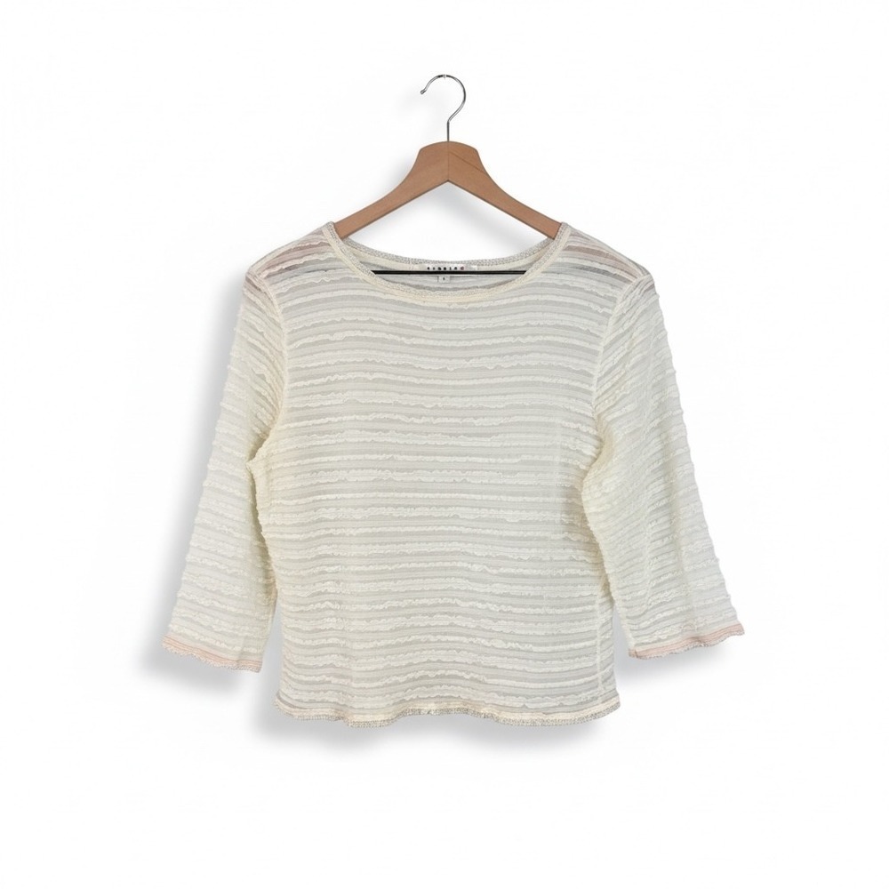 Whimsigoth Ivory Textured Ruffle Mesh Top Lace Trim 3/4 Sleeve Coquette Blouse L